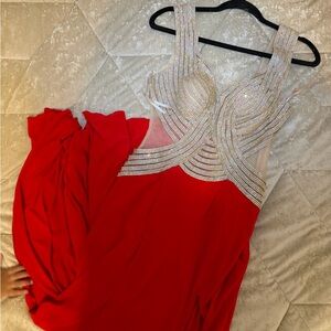 Elegant Red Evening Gown with Silver Accents